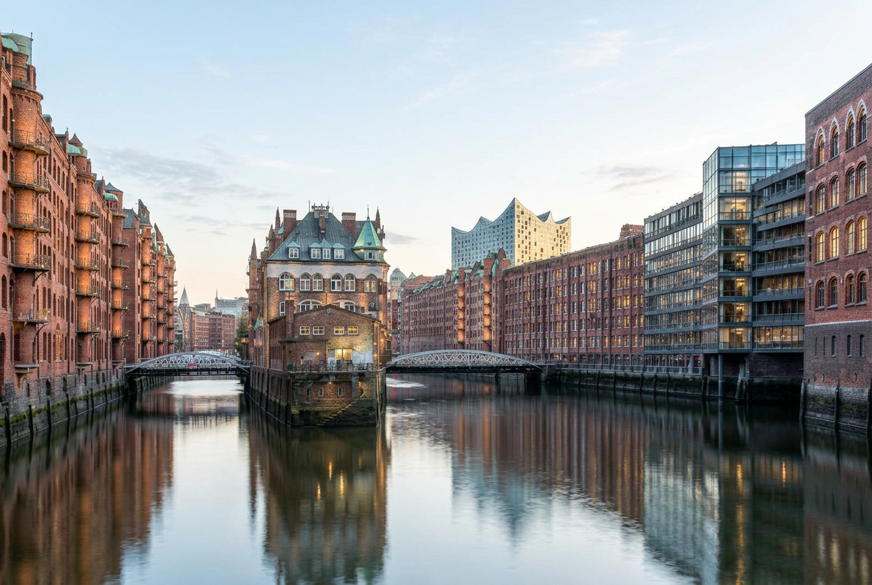 Speicherstadt und Hafenbüros in Hamburg zur blauen Stunde